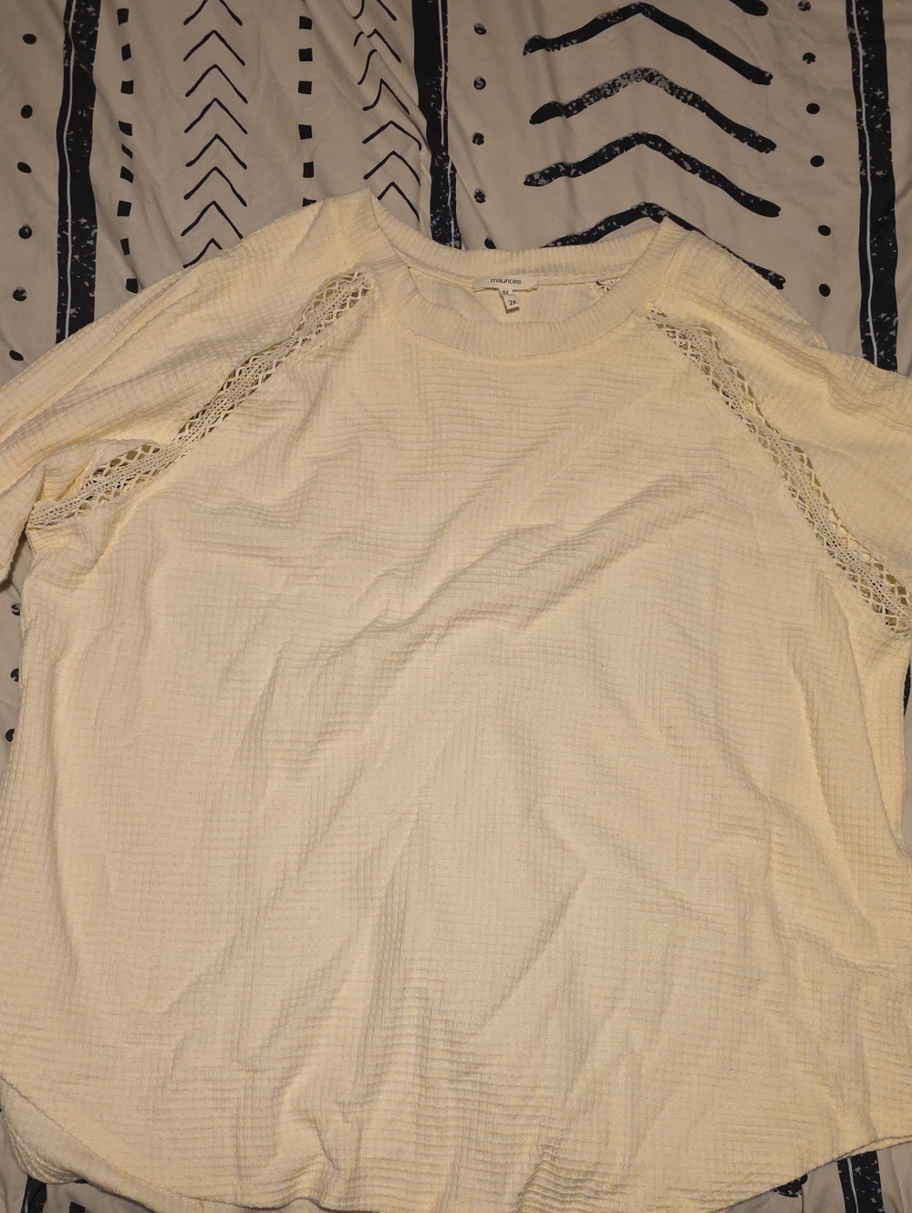 Maurices Waffle Knit Crochet-Trim Long Sleeve Top - Cream
